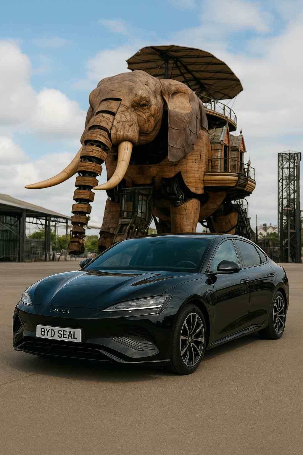 BYD Seal VTC noir devant l'Éléphant des Machines de l'Île à Nantes